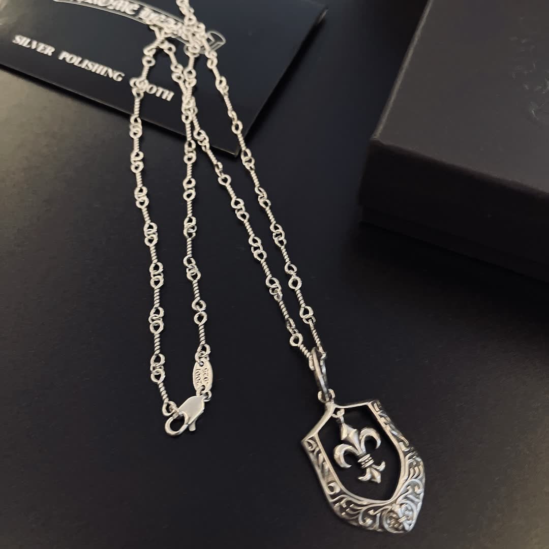 Chrome Hearts Silver Fleur-de-lis Shield Necklace